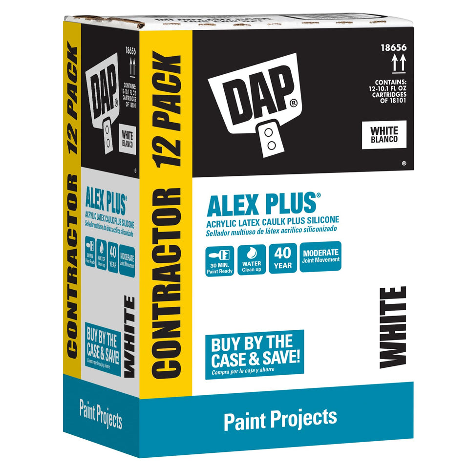 DAP Alex Plus caulk tube ready for interior or exterior sealing with paintable finish.
