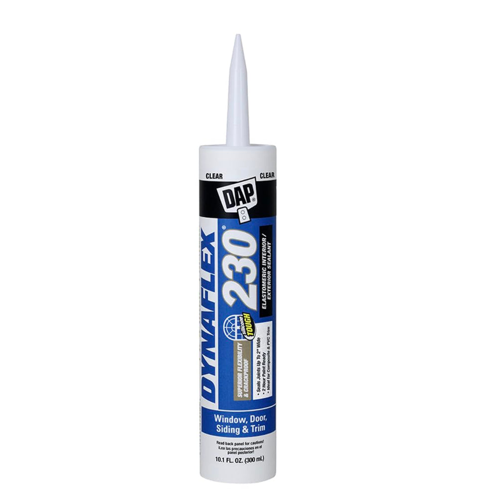 DAP Dynaflex 230 clear sealant bottle offers permanently flexible, paintable sealing for windows, doors, and trim.