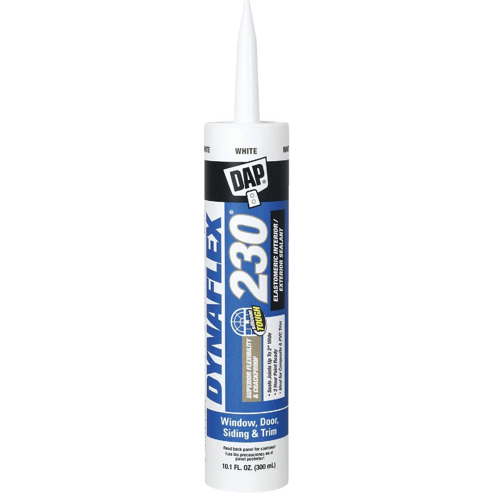 DAP Dynaflex 230 white sealant cartridge for indoor/outdoor sealing.