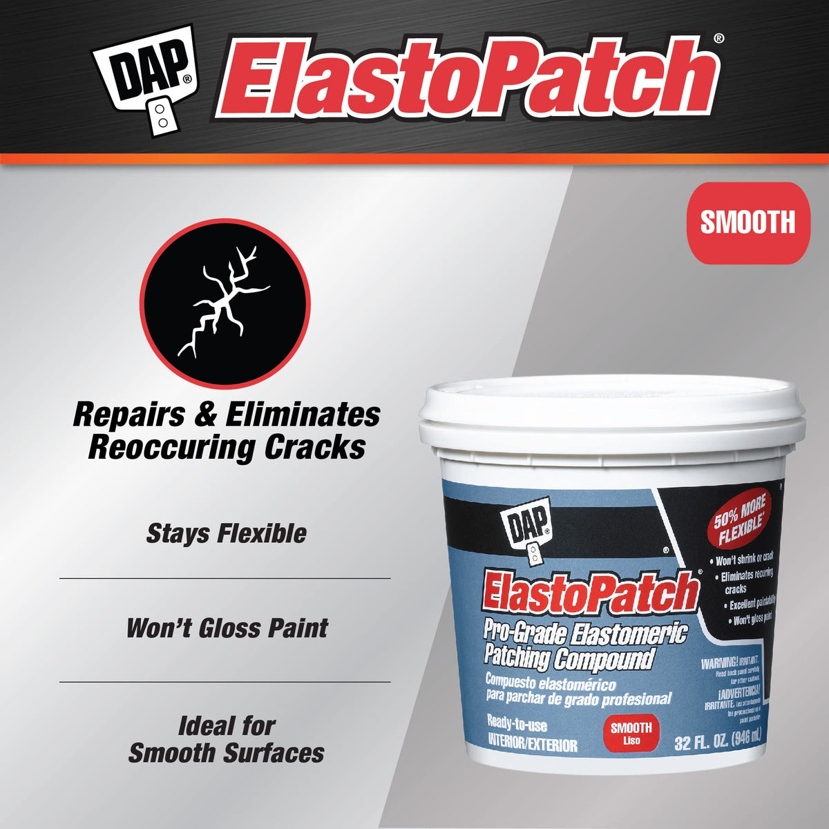DAP Elastopatch applied to brick and stucco surfaces for permanent crack sealing