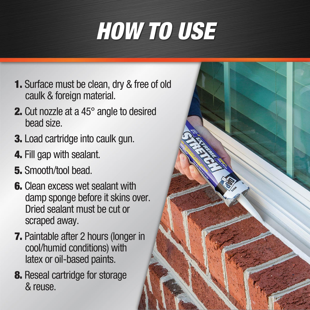 DAP Extreme Stretch seals up to 3 inch gaps for reliable weatherproof caulking.