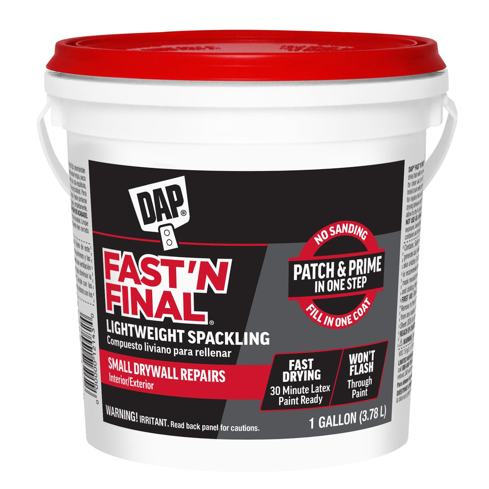 DAP Fast'N Final 1gal white pail showing quick-drying patch material for easy repairs.