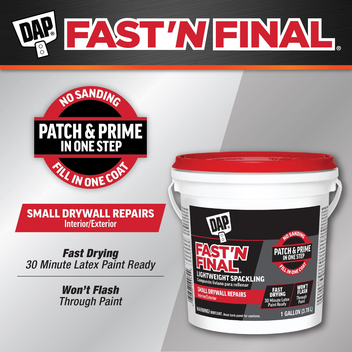 DAP Fast'N Final advanced microsphere surface provides ultra-smooth finish for hiding repairs.