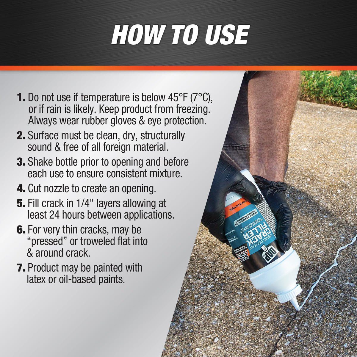 DAP Liquid Cement Crack Filler dries gray to blend with concrete.