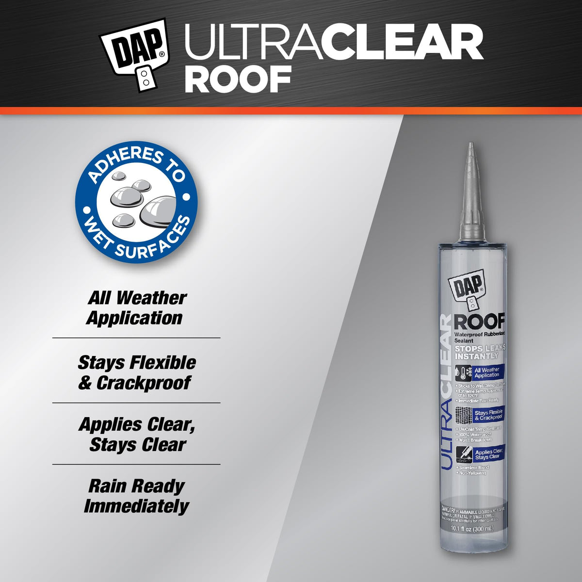 DAP Ultra Clear Roof Sealant on crystal-clear surface provides near invisible protection