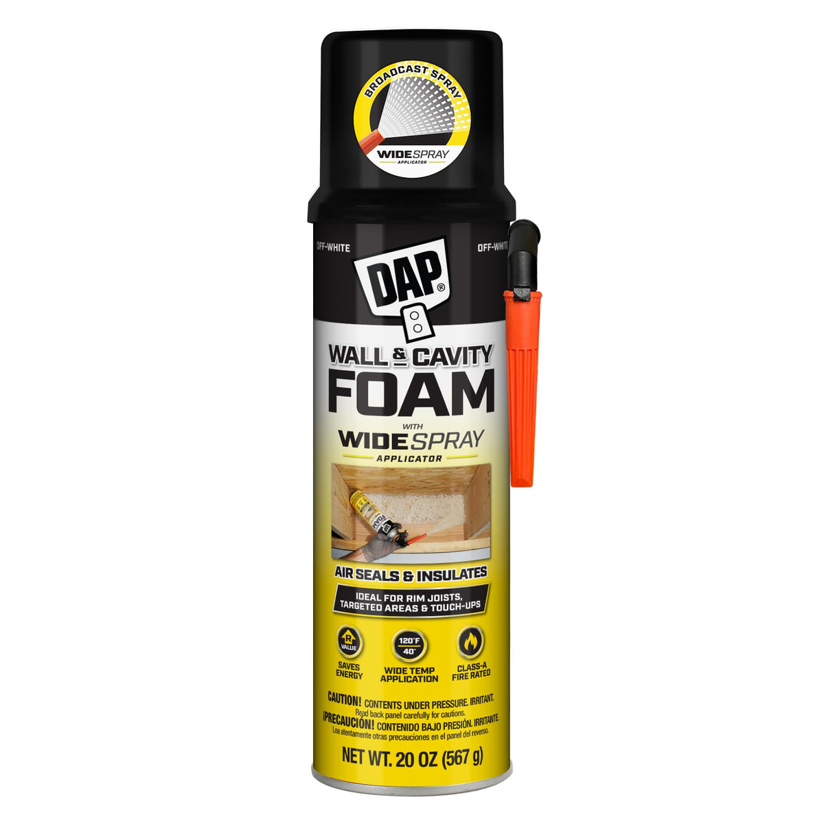 DAP wall and cavity foam wide spray bottle for easy air sealing and insulation.