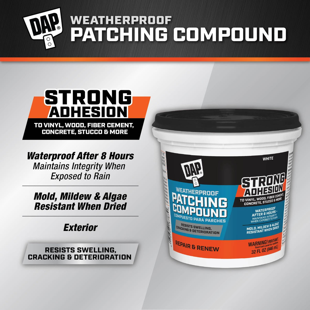 DAP Weatherproof Patching Compound application-spread shows smooth, paintable surface.