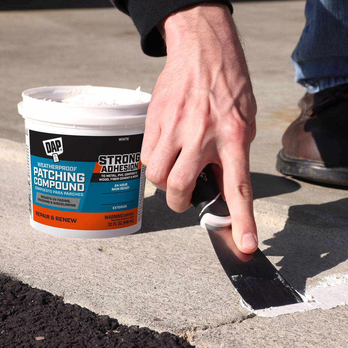 DAP Weatherproof Patching Compound fiber-cement siding repair on exterior walls.