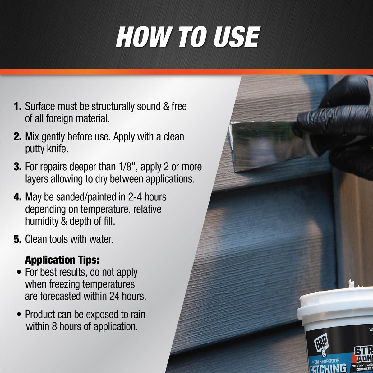 DAP Weatherproof Patching Compound sanding-ready finish after curing.