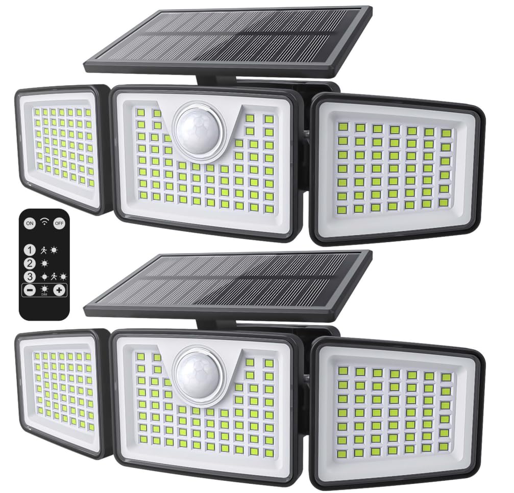 Daphino 2500LM solar light front view with remote for two-pack security