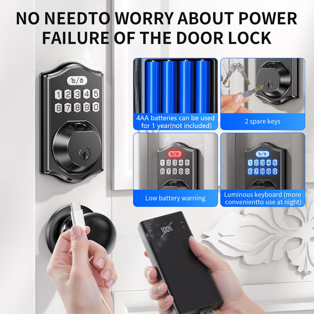 Darawf keypad deadbolt front door long battery life with four AA cells