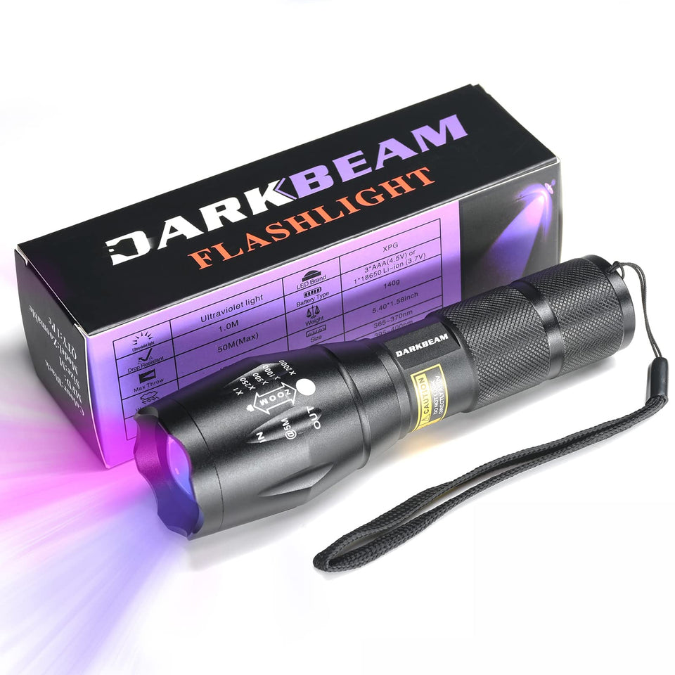 DARKBEAM A100 front view shows compact UV flashlight for on-the-go detection.