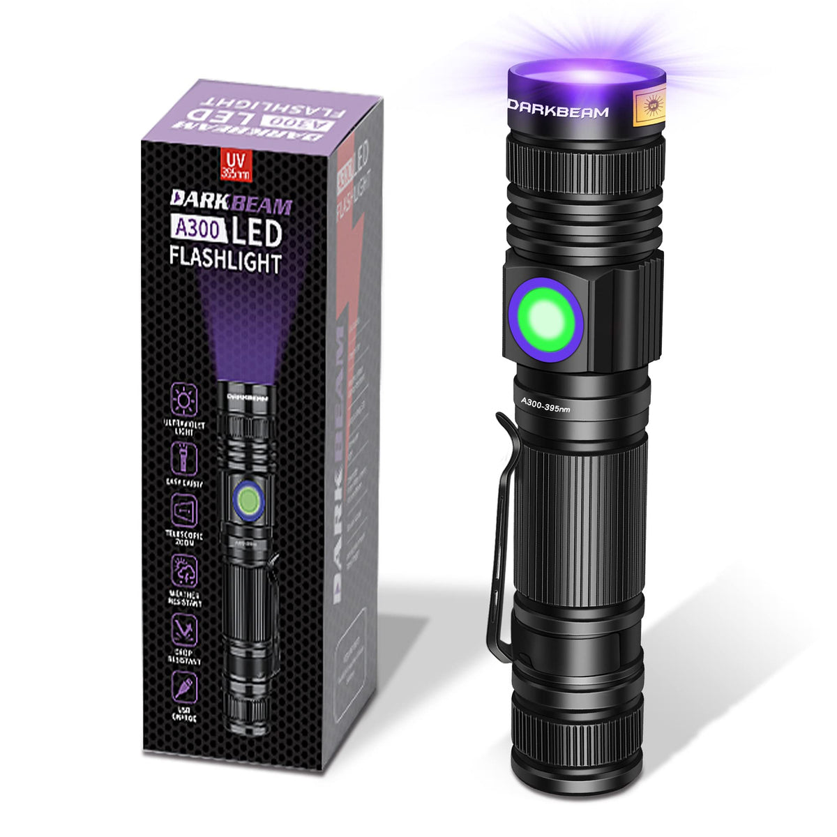 DARKBEAM UV 395nm flashlight with clip for easy on-the-go inspections.