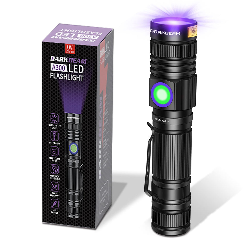 DARKBEAM UV 395nm flashlight with clip for easy on-the-go inspections.