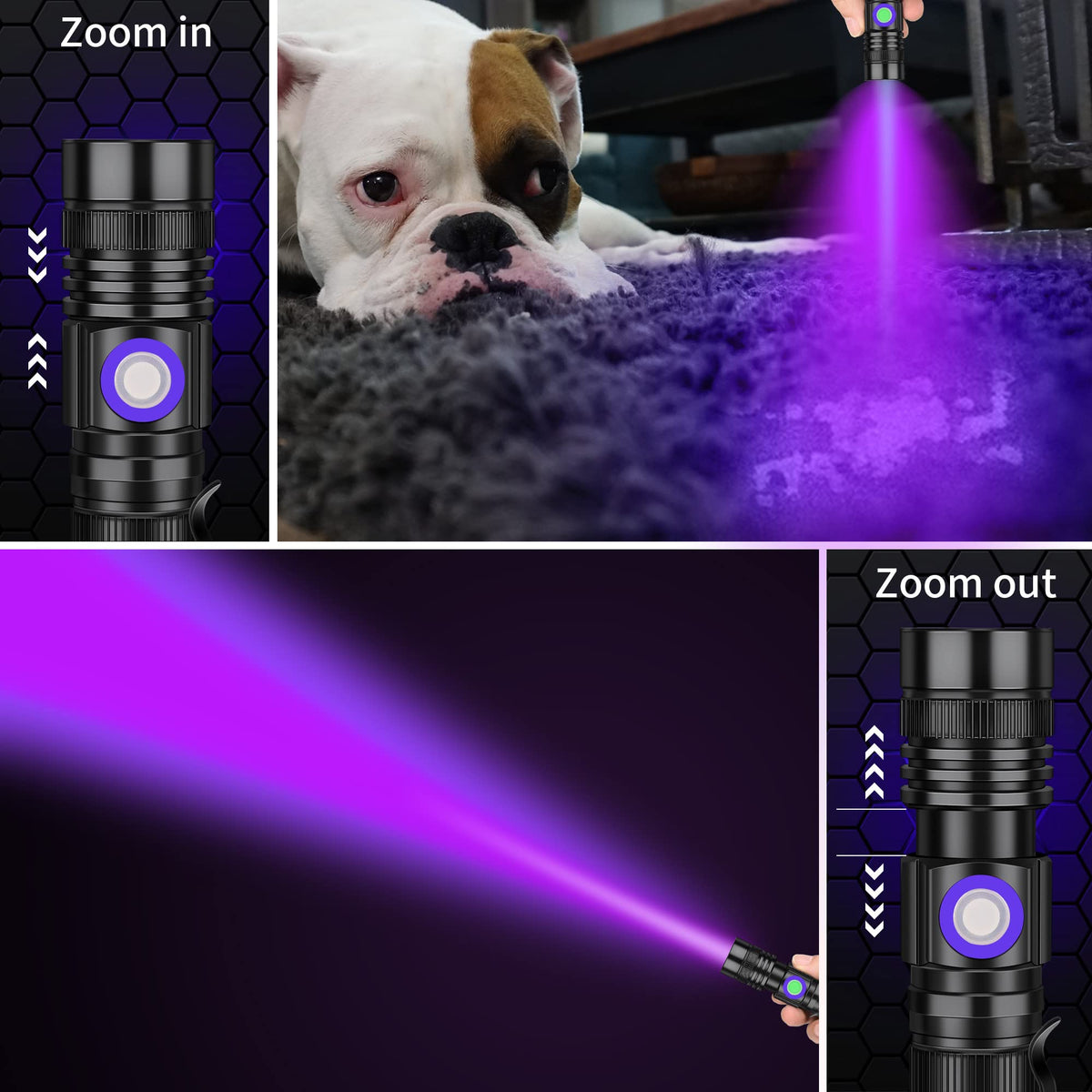 DARKBEAM UV 395nm detects pet urine stains on surfaces.
