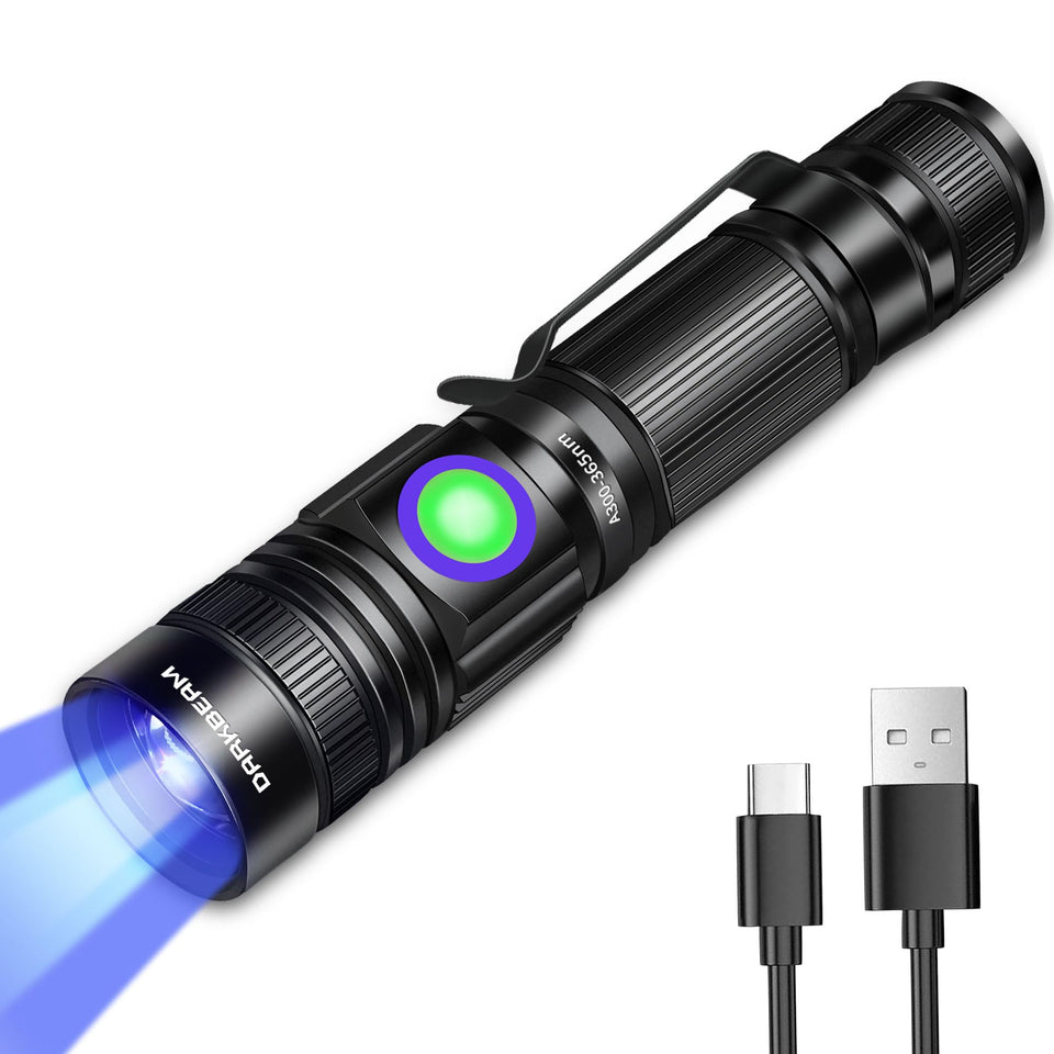 Darkbeam 365nm UV flashlight highlighting hidden stains and minerals