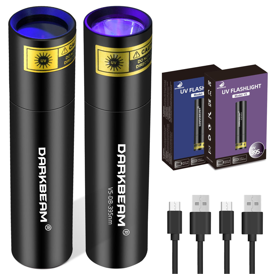 DARKBEAM UV flashlight emits 365nm and 395nm beams for fluorescence detection.