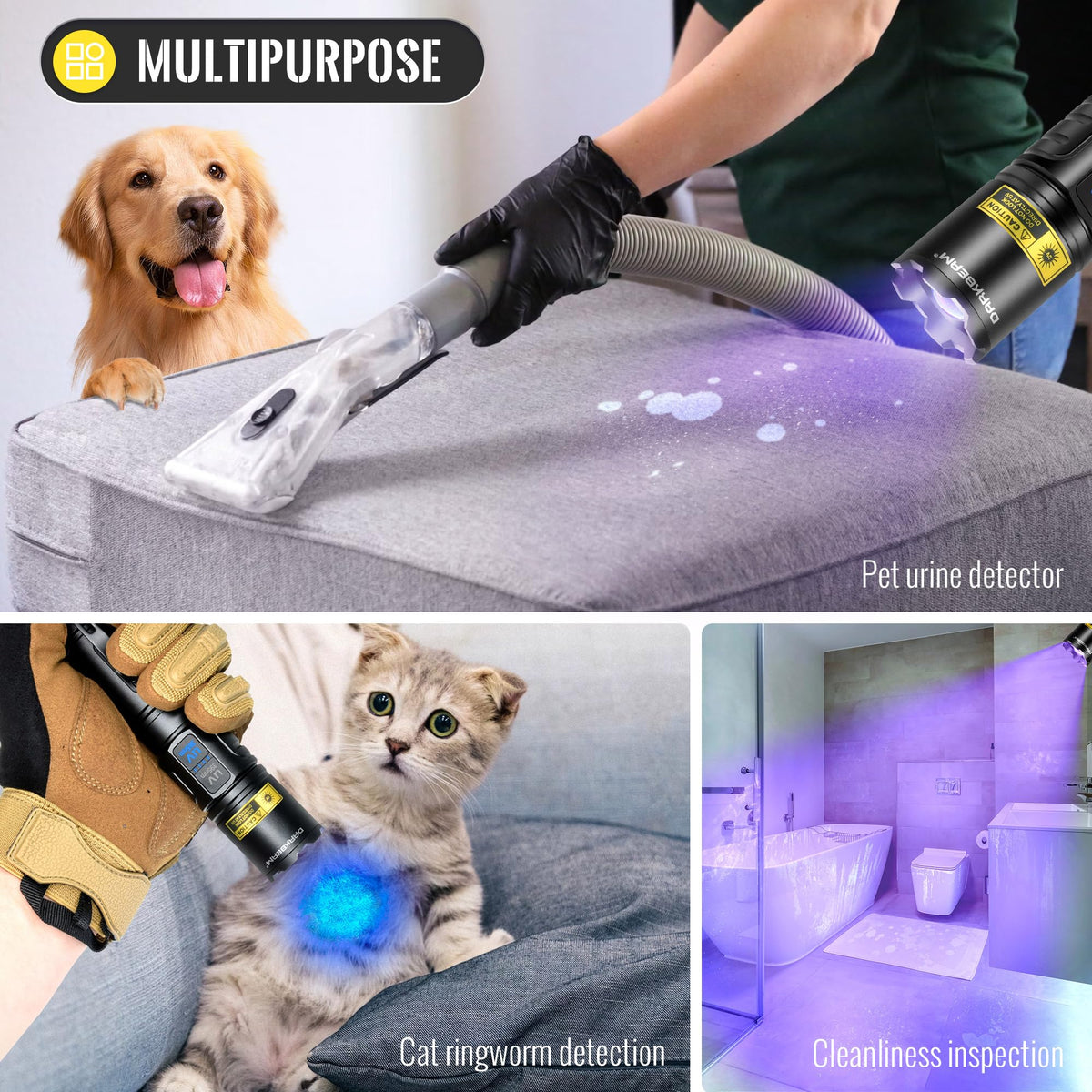 Darkbeam UV flashlight showing blue-violet 395nm fluorescence