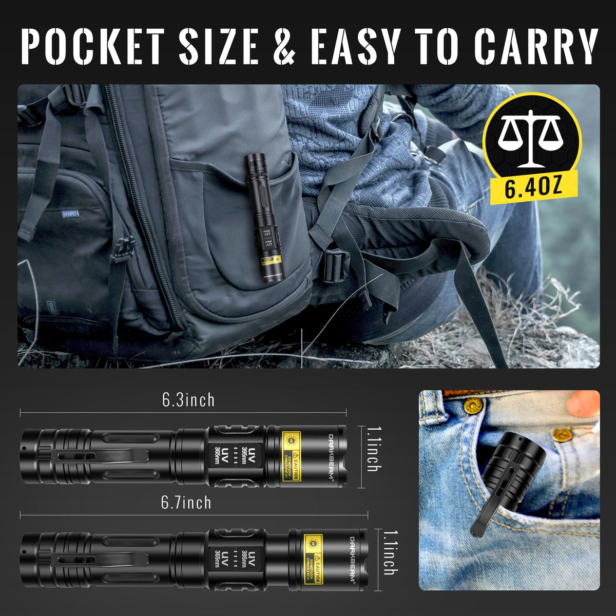 Darkbeam aluminum body UV flashlight emphasizing durability and heat dissipation