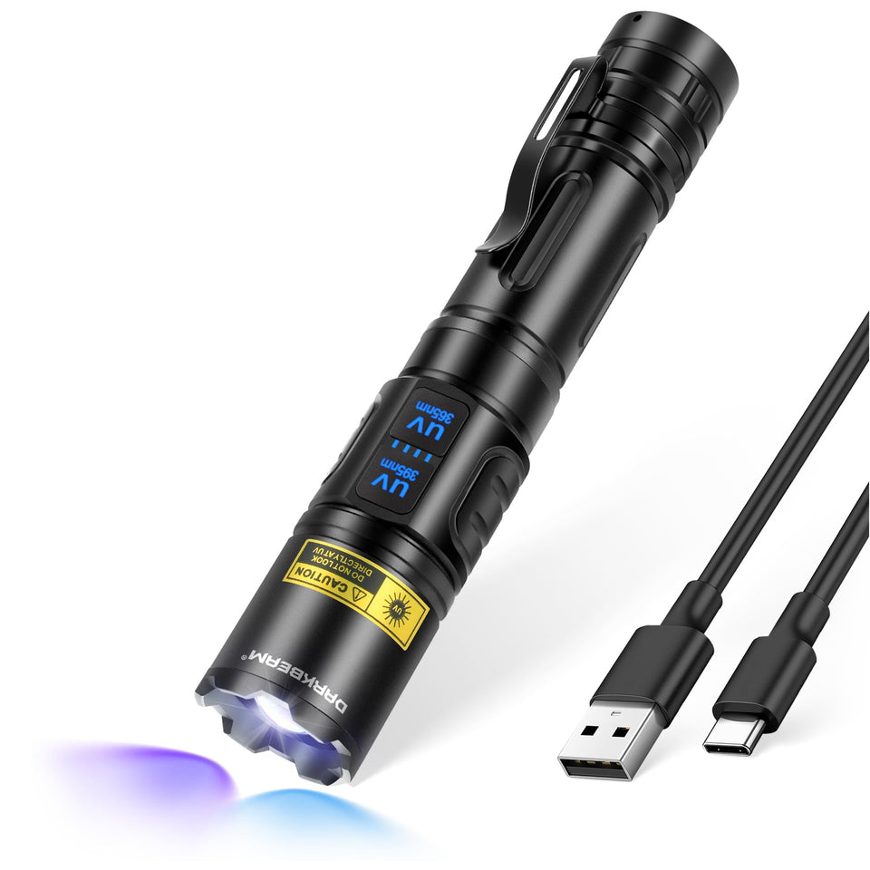 Darkbeam dual UV flashlight showing 365nm and 395nm beams for versatile detection