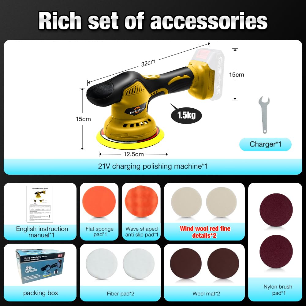 Darkboom polisher packaging and included accessories image shows comprehensive kit for beginners and pros.