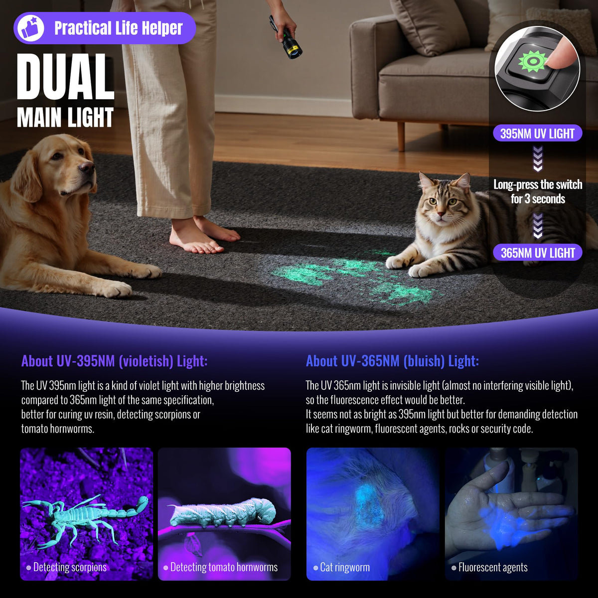 DARKDAWN UV flashlight offers 1250 sq ft floodlight for wide area scanning.