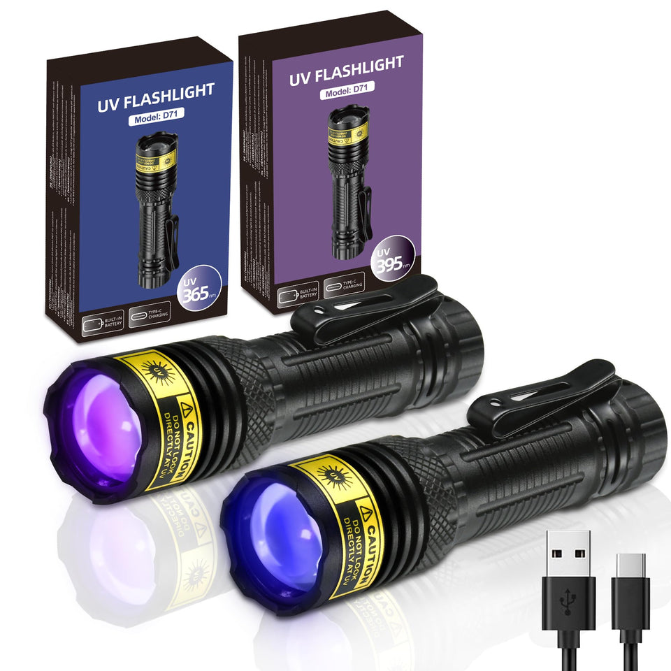 DARKDAWN UV flashlight with 365nm and 395nm beams for stain detection.