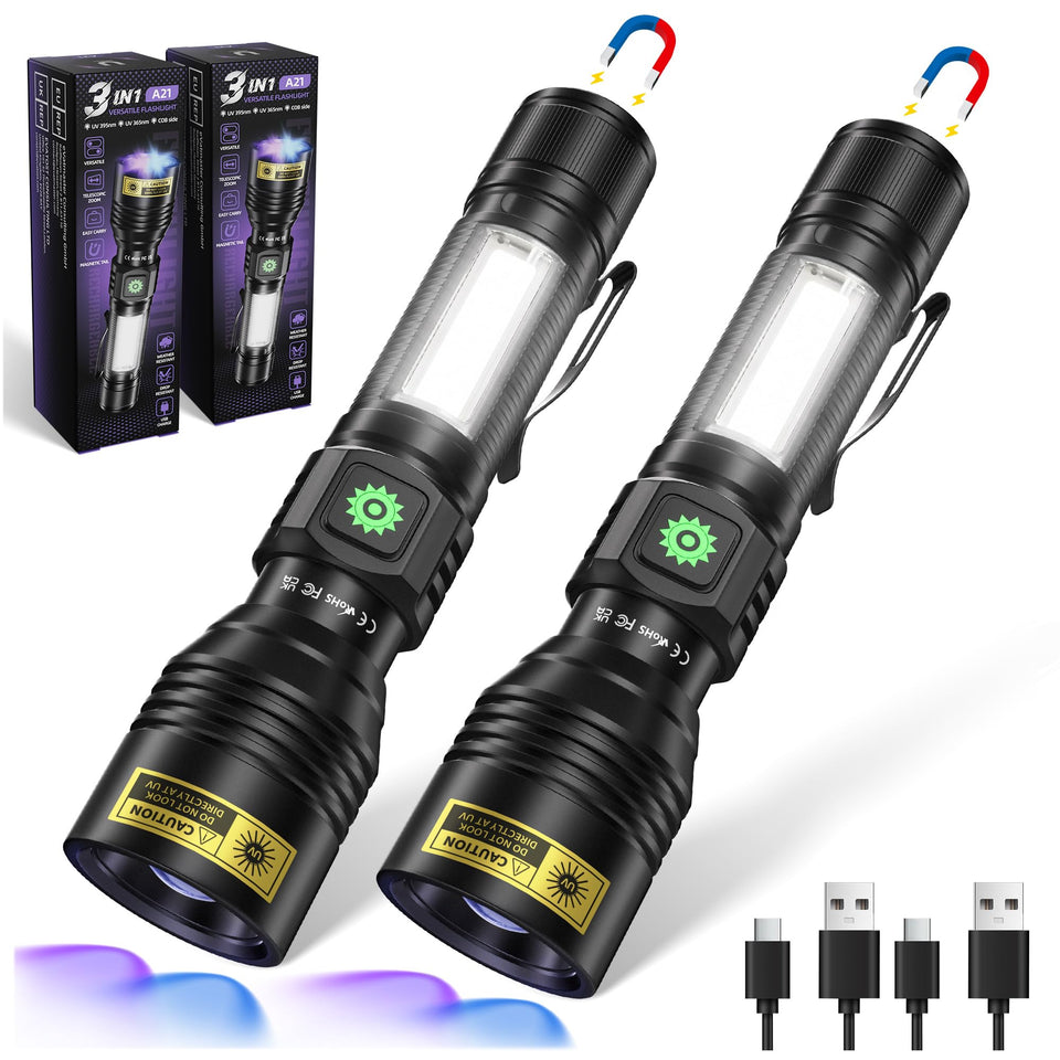 DARKDAWN UV flashlight displays 365 and 395 nm dual light for fluorescence checks.