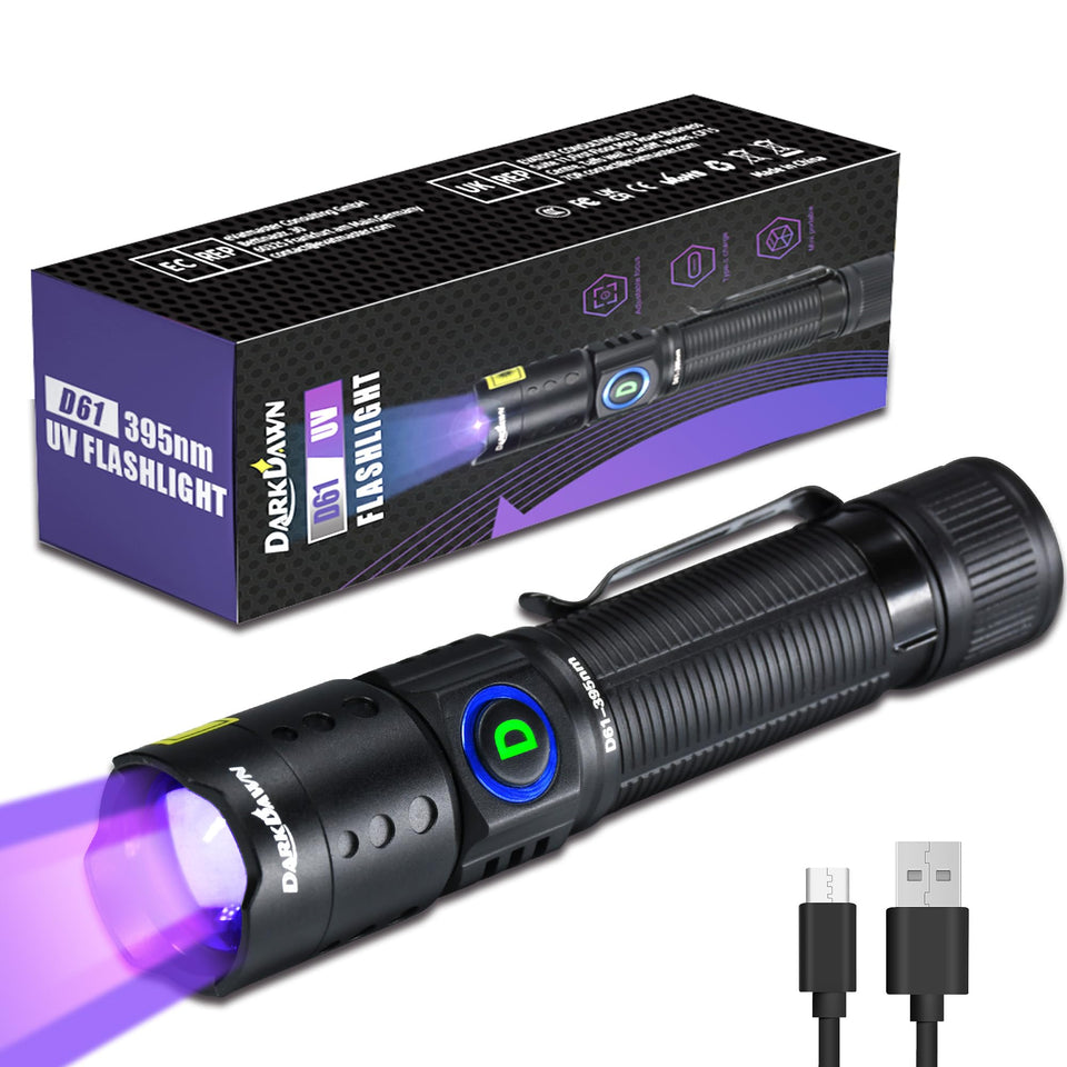 DARKDAWN UV Flashlight 395nm reveals fluorescence for quick hidden-detail spotting.