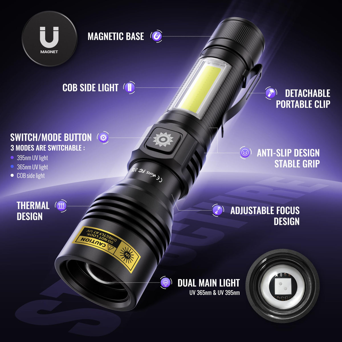 DARKDAWN UV flashlight with four modes and adjustable focus for flexibility.