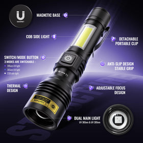 DARKDAWN UV flashlight with four modes and adjustable focus for flexibility.
