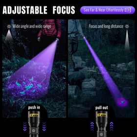 DARKDAWN UV flashlight uses USB-C rechargeable battery for long sessions.