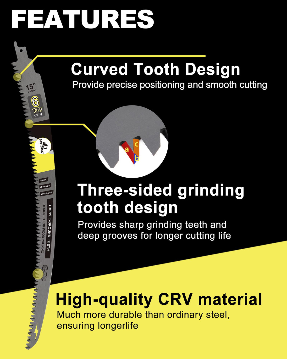DARTOTEK deep-gullets improve chip removal during heavy-duty cuts.