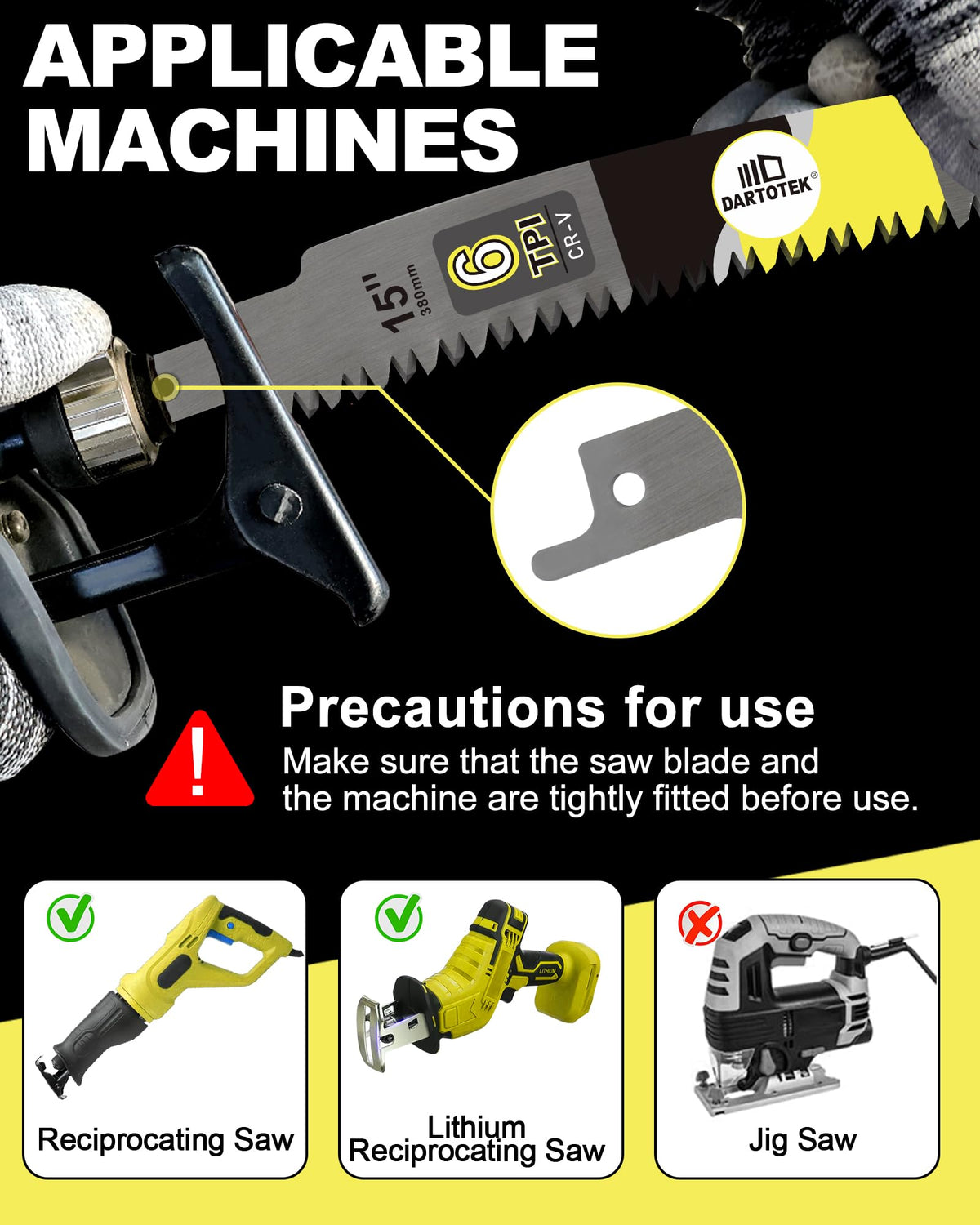 DARTOTEK universal compatibility with major reciprocating saw brands.