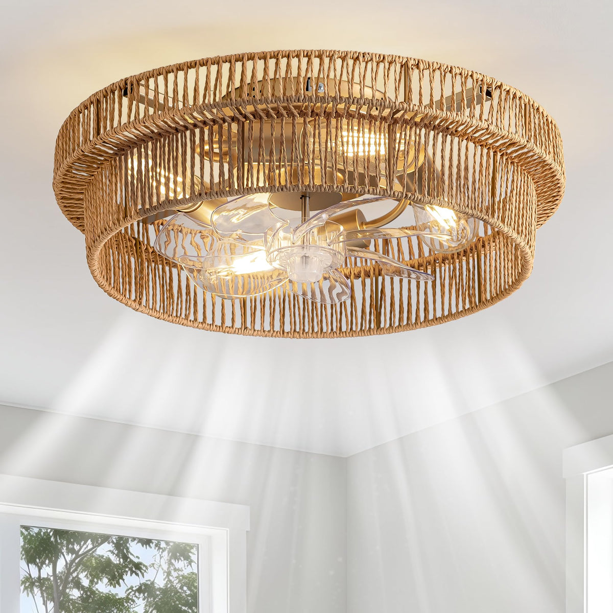 DARYEWO rattan boho ceiling fan full view in brown for warm natural decor.