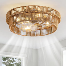 DARYEWO rattan boho ceiling fan full view in brown for warm natural decor.