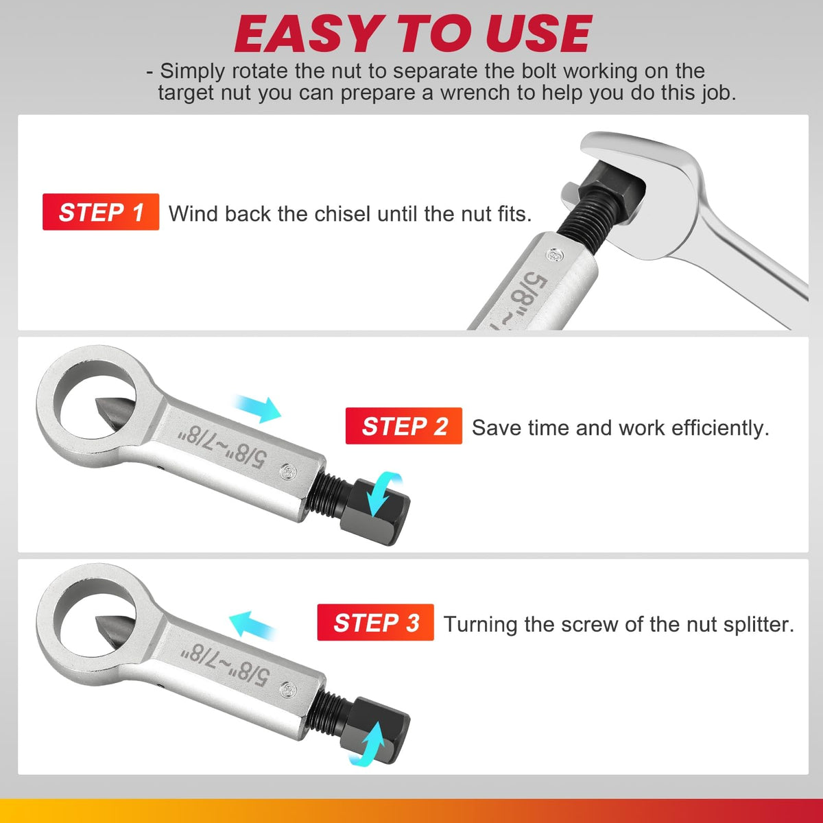 DASBET 18mm slot nut splitter grips tough, rusty nuts for efficient removal.