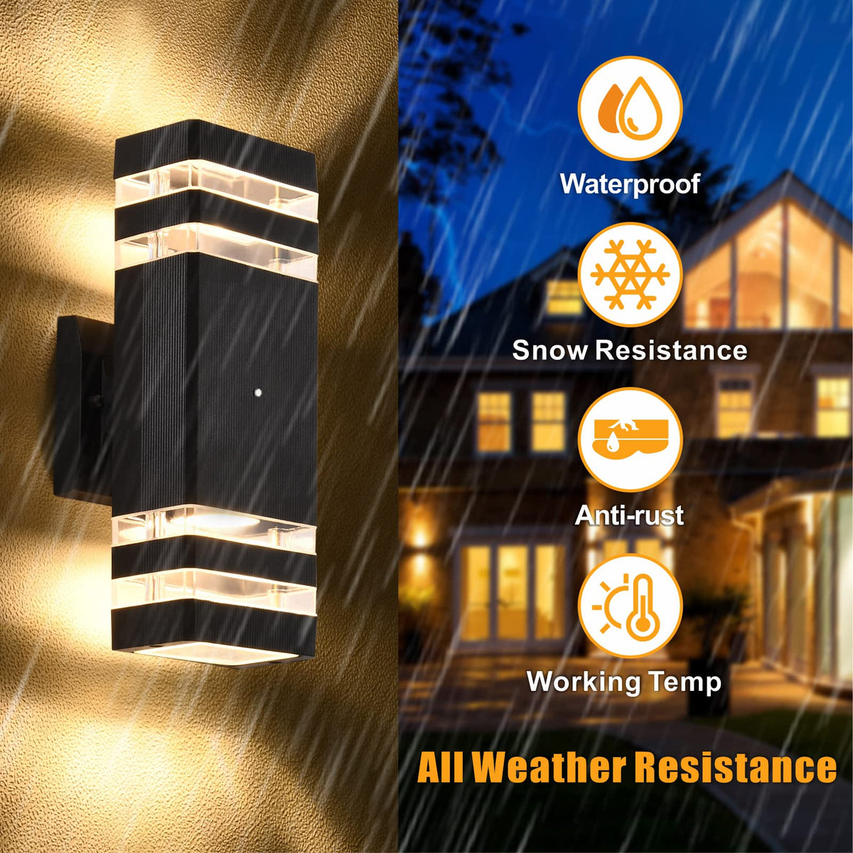 DASTOR dusk-to-dawn outdoor wall light, up-down design, provides balanced illumination.
