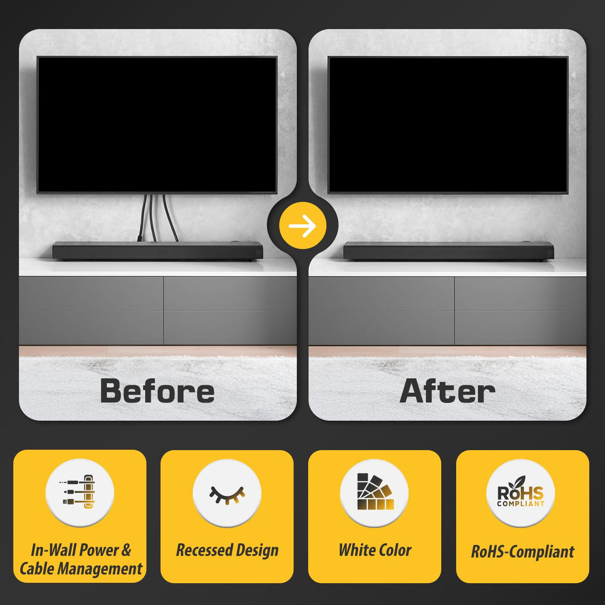 Ideal for behind wall-mounted TVs and media hubs.