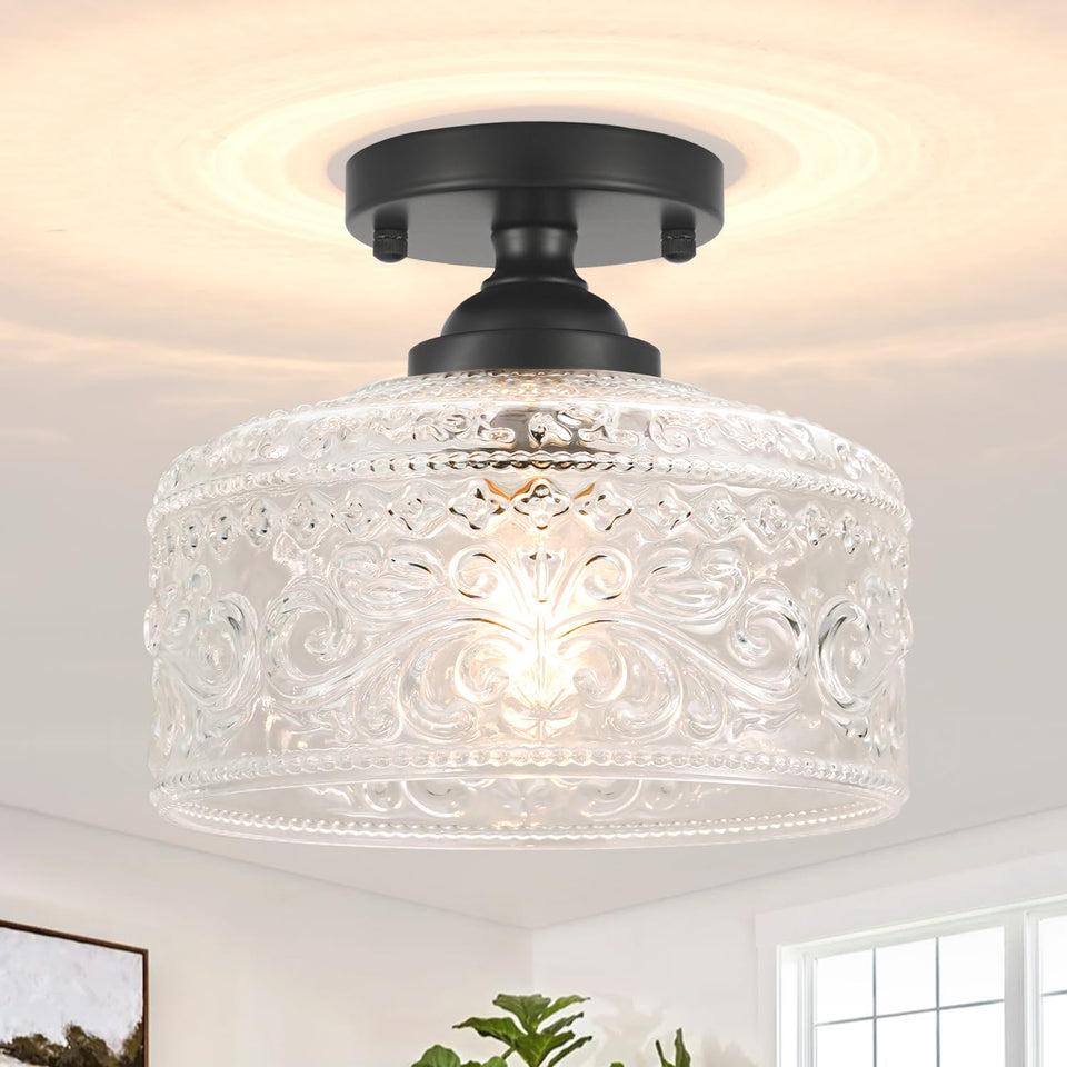 Daunton small semi flush mount with etched glass shade for warm, inviting hallways.