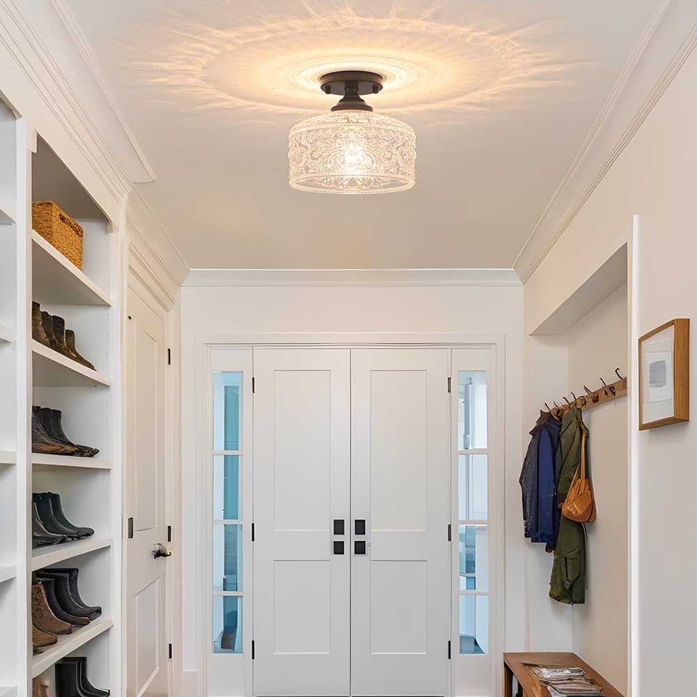 Daunton small semi flush light with matte black base for vintage-modern look.