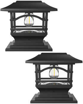 Davinci Lighting Edison solar post cap on a 4x4 fence post emits warm ambient light.