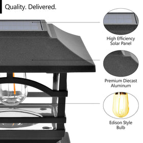 Davinci Lighting Edison solar post cap on a 5x5 wooden post shows bright glow.