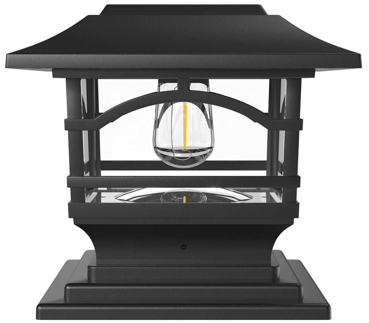 Davinci Lighting Edison solar post cap on a wooden 4x4 post casts warm light along a fence