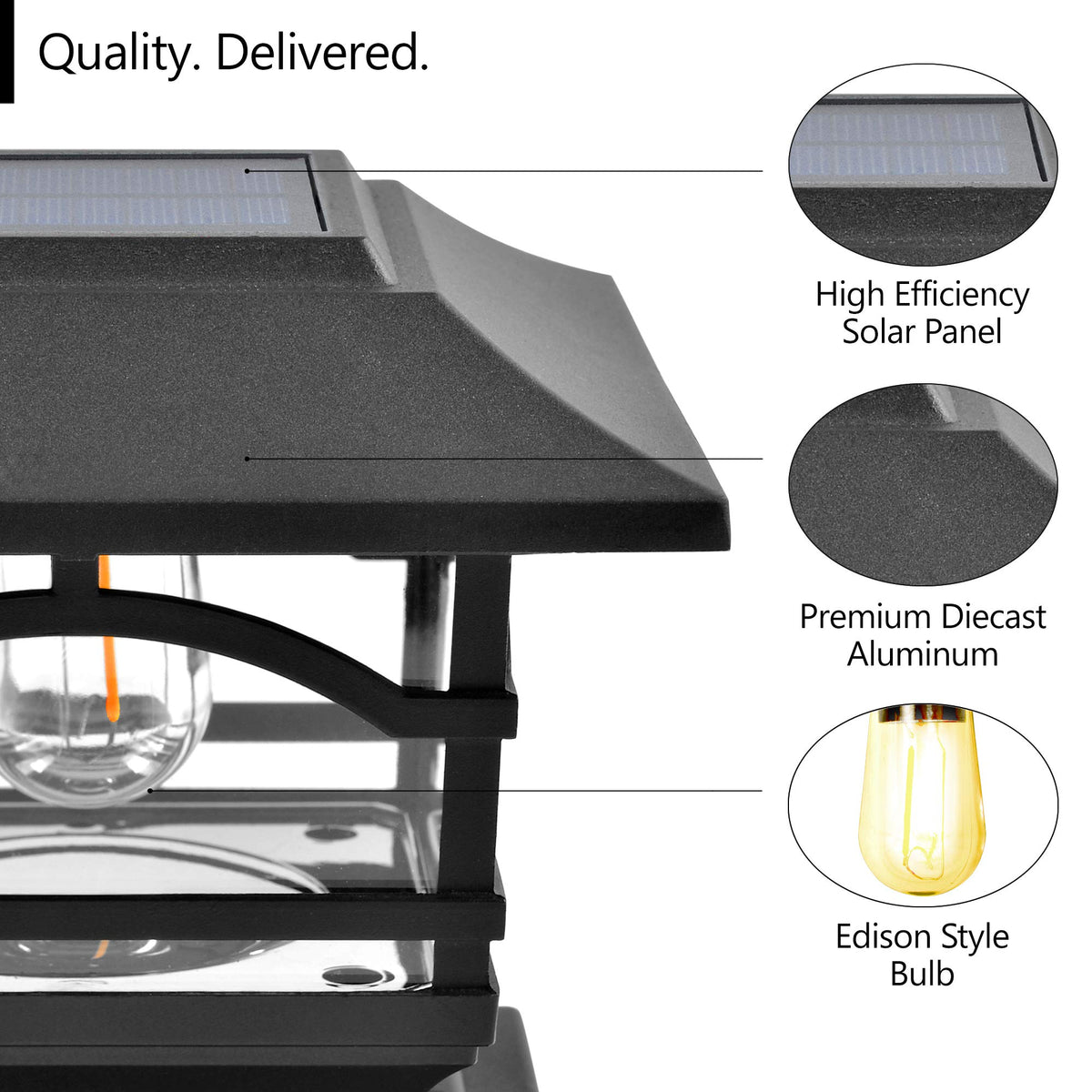 Davinci Lighting Edison solar post cap on a 5x5 wooden post brightening a deck