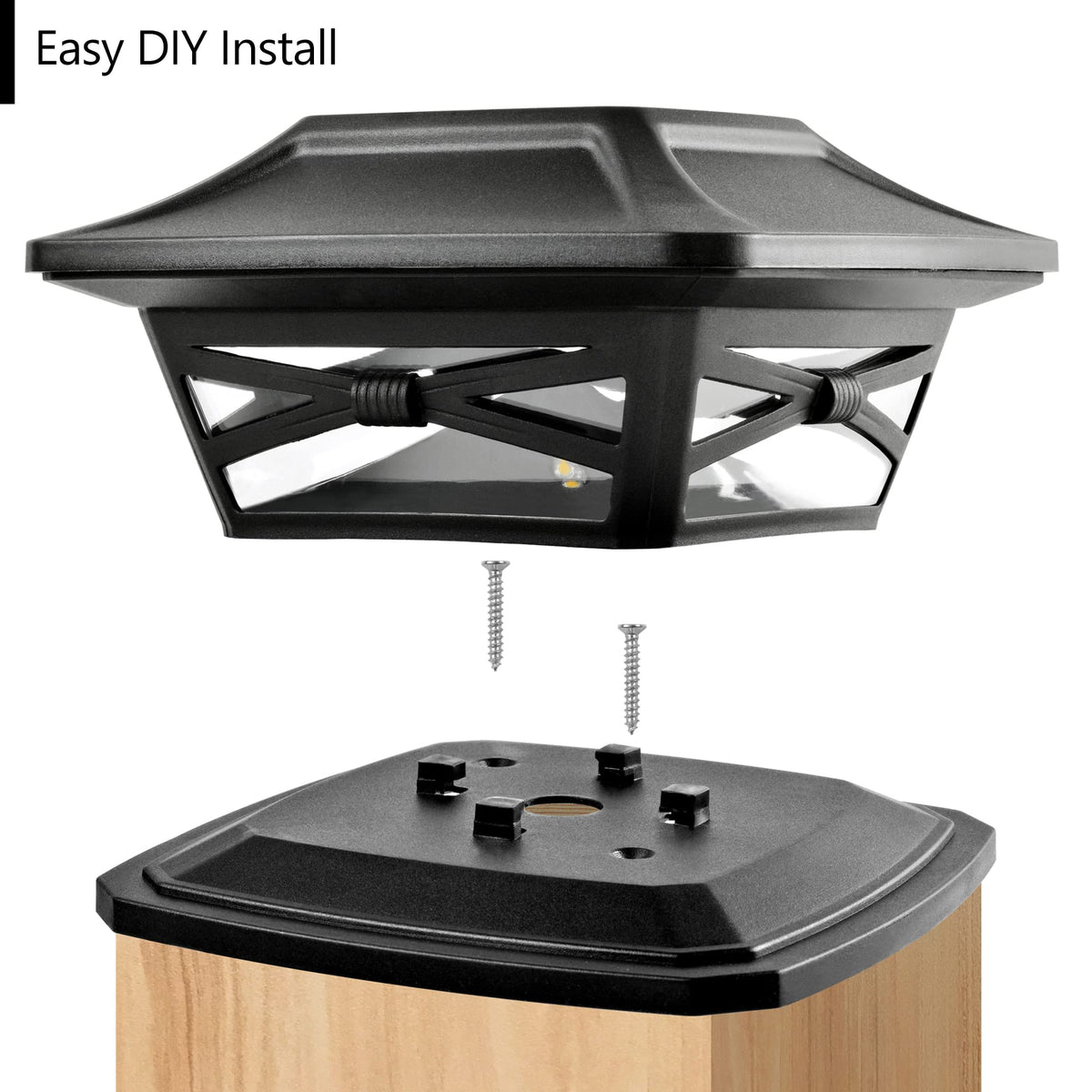 Davinci Flexfit solar post cap light with 6x6 base, sturdy outdoors.