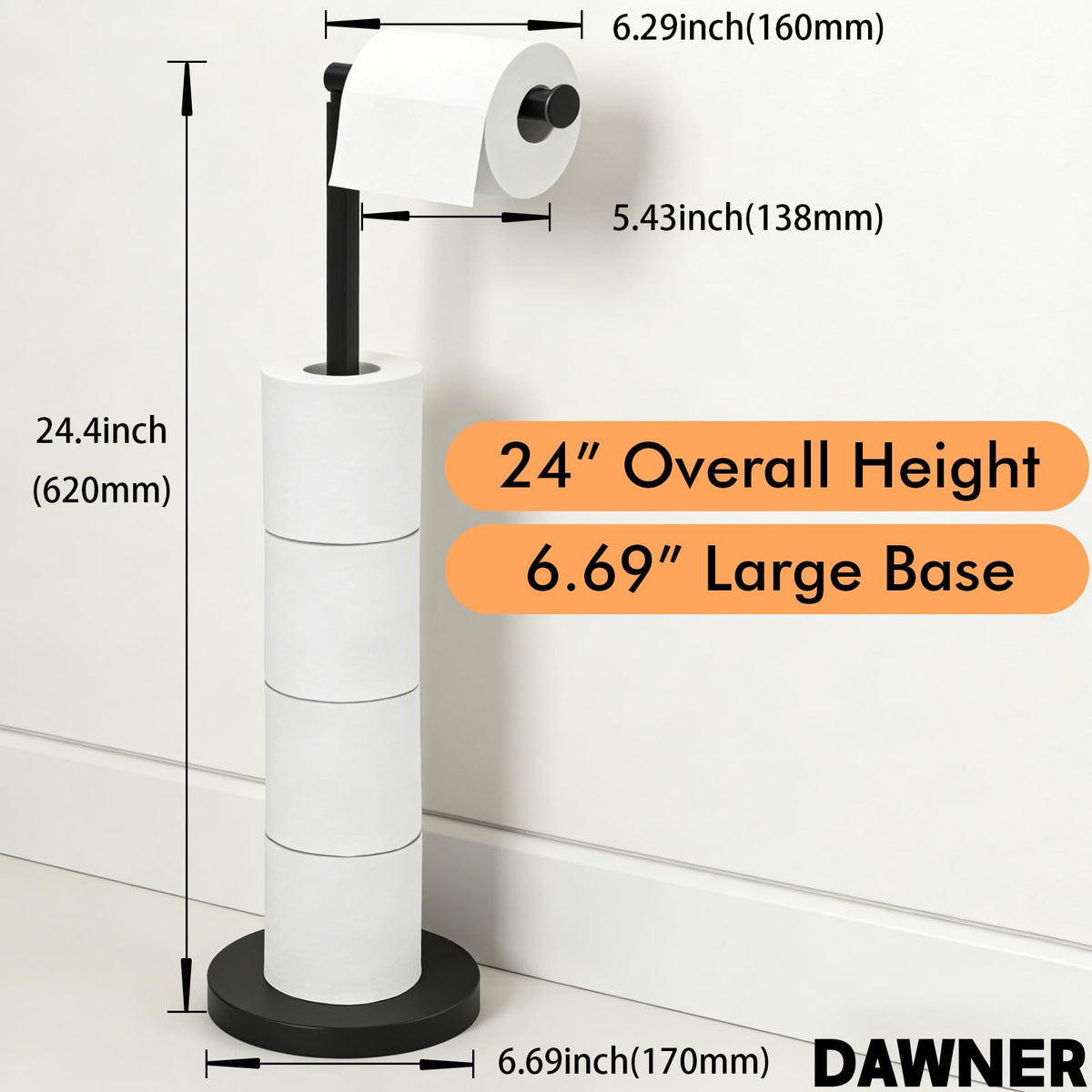 DAWNER 6.3-inch roller bar accommodates standard toilet paper sizes.