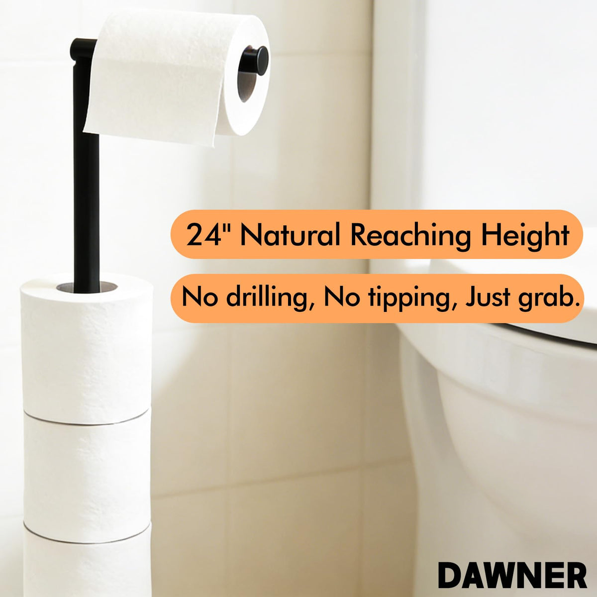 DAWNER free-standing TP holder with matte black finish adds clutter-free storage.