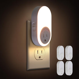 Dawnrise night light plug-in emits warm amber 2200K glow for soft nighttime visibility.