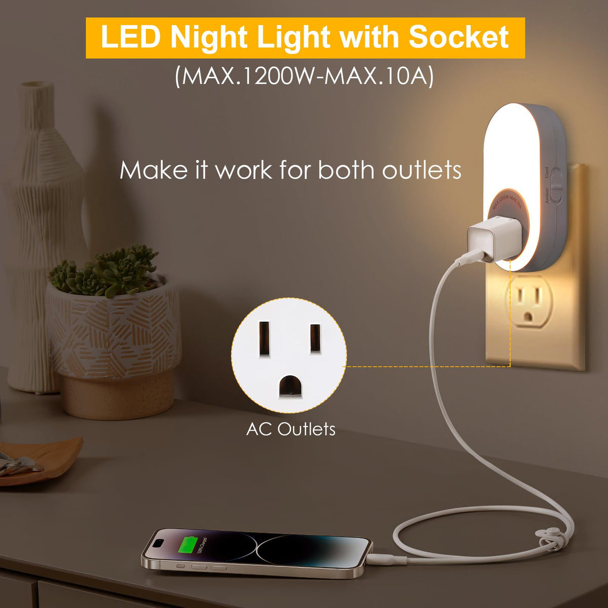 Dawnrise night light plug-in emits cool 4000K white light for clear task lighting.
